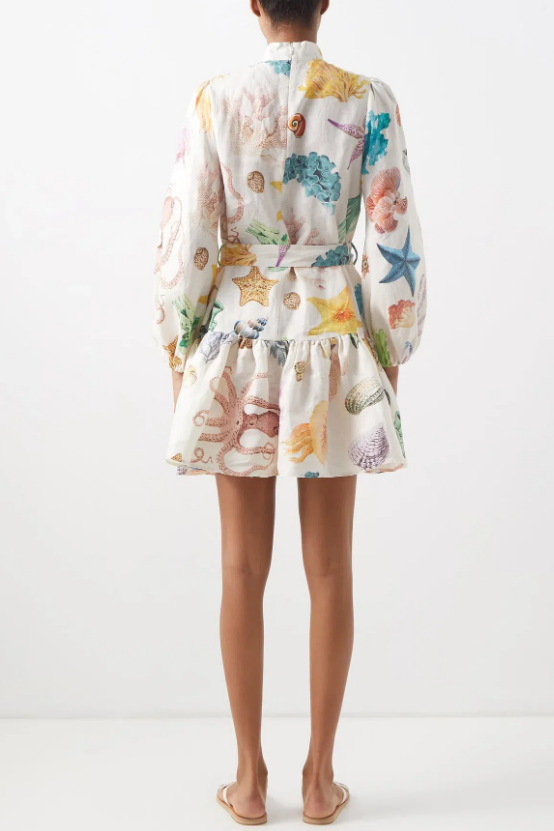 Adella Atlantis print linen voile mini dress - Size 10