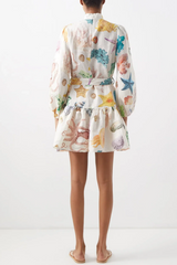 Adella Atlantis print linen voile mini dress - Size 10