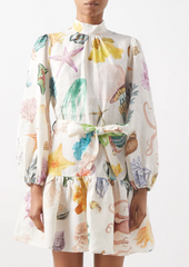 Adella Atlantis print linen voile mini dress - Size 10