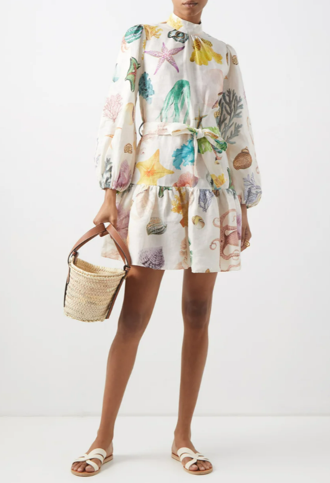 Adella Atlantis print linen voile mini dress - Size 10